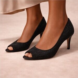 Vaneli Black Crystal Peep Toe Heels – Size 8W – Elegant Dress Pumps